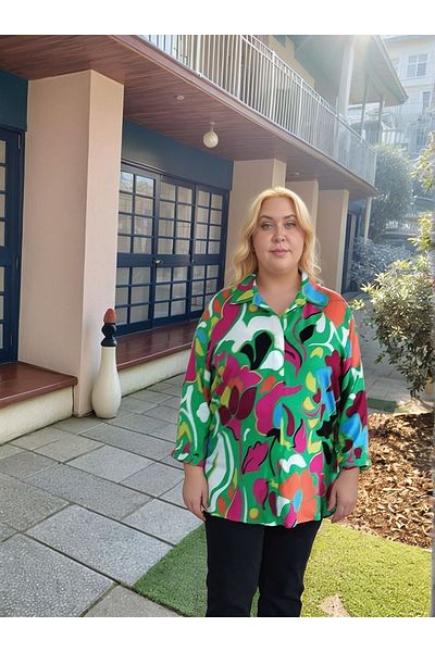 vividbutik Large Size Green Floral Patterned Shirt