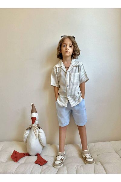 SACRO KİDS Striped Linen Fabric Shorts-T-Shirt Summer Boys' Set
