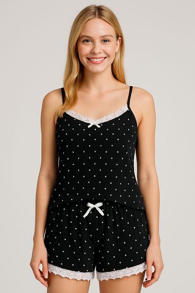 XORVİO Women's Rope Strap Polka Dot Pattern Modal Shorts Suit Lace Detailed Stylish Summer Large Size Oversize Pajamas