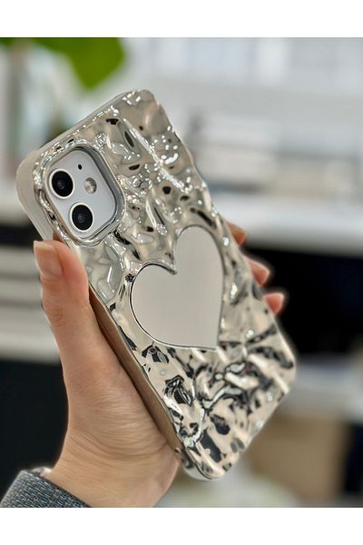 Go Aksesuar حافظة من السيليكون مضادة للصدمات متوافقة مع هاتف Apple Iphone 11 ثلاثية الأبعاد مع نمط منقوش على شكل مرآة بلاتينية