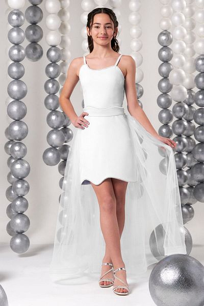 SIRRI Girl's White Evening Dress – Detachable Tulle Detail, 2 Different Elegance in One Dress 10-15 Years