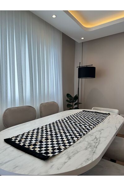 Karam Home Siyah Püsküllü Alevli Damalı Runner , 135X43 Runner