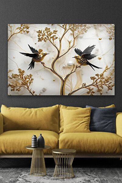 TAULART GOLD KUŞ DETAYLI ALTIN KÖKLÜ AĞAÇ YATAY TABLO ULTRA CANLI RENKLİ KIRI...