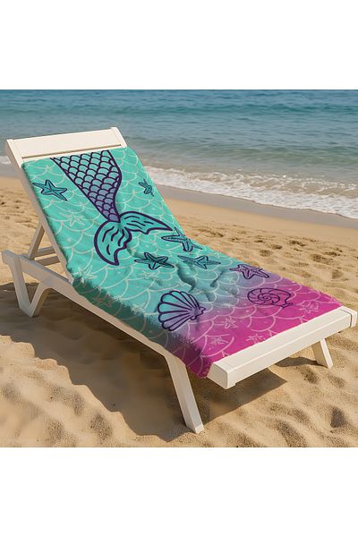 Viadela Mermaid Tail and Starfish Patterned Beach Towel – Colorful Fairytale Summer Towel