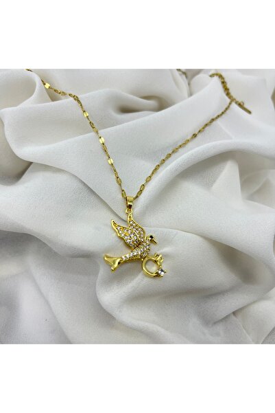 famous Altın Renk Aşk Kuşu Çelik Kolye