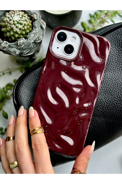 Go Aksesuar 3D Embossed Burgundy Glossy Silicone Case Compatible with iPhone 13 - 14 and 15