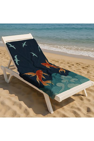 Viadela Artistic Beach Towel with Goldfish and Bird Motifs – Aesthetic Pattern Inspired by Nature