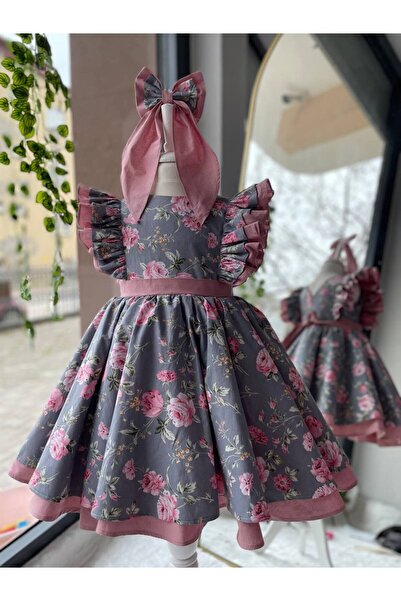 Sare Çocuk Giyim Kız Çocuk Prenses Balerin Model Elbise, Gri Pudra Gül Baskılı Doğum Günü Tasarım Abiye Elbise + Toka