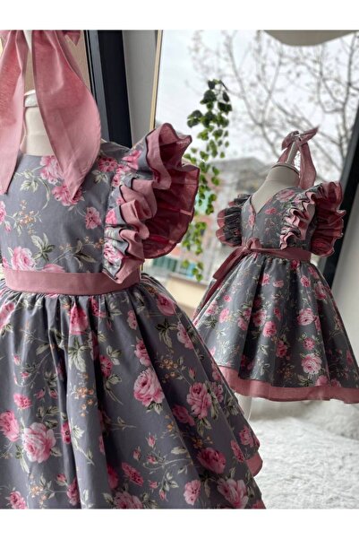 Sare Çocuk Giyim Kız Çocuk Prenses Balerin Model Elbise, Gri Pudra Gül Baskılı Doğum Günü Tasarım Abiye Elbise + Toka