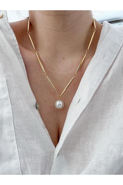 CHARMLUCKY Steel Pearl Bone Stick Necklace