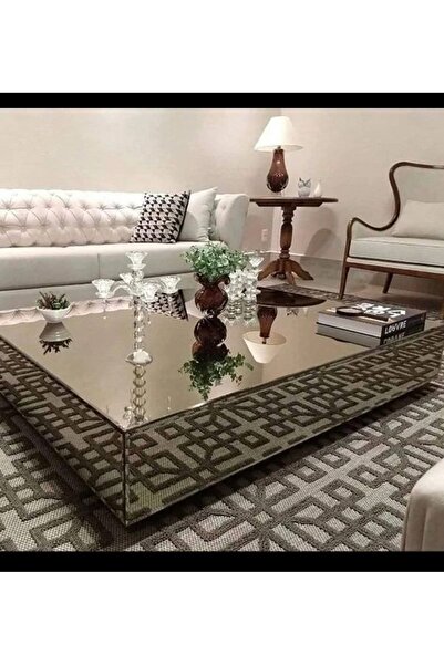 LUXURY VİLLA Luxury Bronz Aynalı Tekerlekli Orta Sehpa 70x110 Yükseklik 30cm