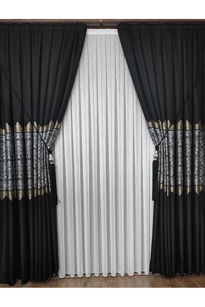 GLOMAR Black Gold Banner Panel Background Curtain 1/3 Dense Pleat Jacquard Single Wing Palate