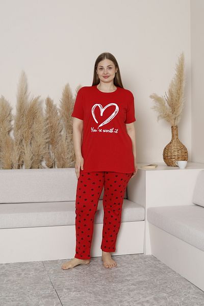 FAMES PİJAMA Summer Plus Size Women's Pizzama Suit with Heart