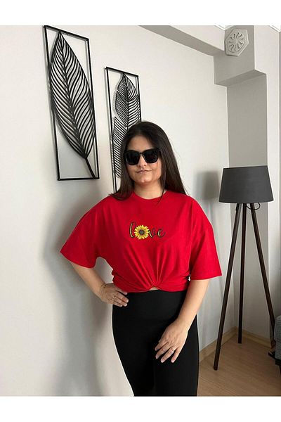woonkey Women's Love Printed Oversize Crew Neck T-Shirt