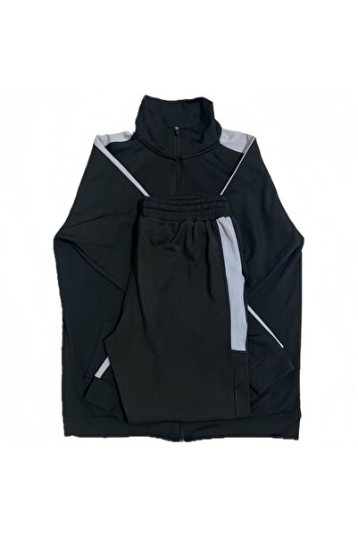 Teodora Demaria Unisex Siyah Dalgıç Kumaş ( Gri ) Detaylı Eşofman Takımı - Spor / Günlük / Oversize Rahat Kalıp