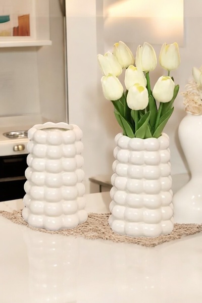 PICCOLA VITA Φωτεινό λευκό βάζο | Μοντέρνο σχέδιο κωνικό βάζο με φυσαλίδες | Γυαλισμένο βερνίκι 17 εκατοστών