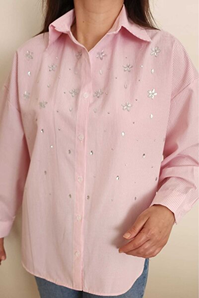 olalapasha Yeni Sezon Çizgili Düşük Omuz Oversize Kadın Gömlek