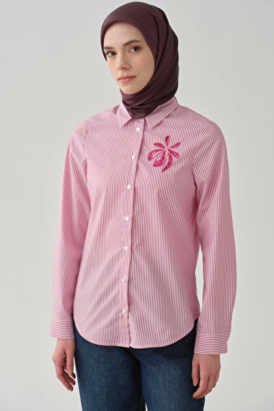 Tuğba Çiçek Nakışlı Çizgili Gömlek - Fuşya