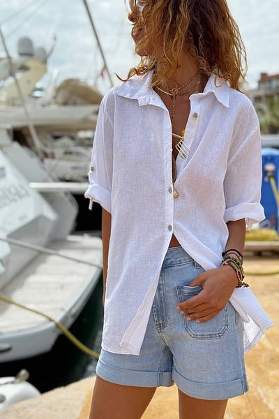 Güneşkızı Italian White 3/4 Sleeve Epaulet Linen Loose Woven Shirt 72 58