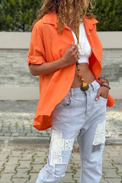 Güneşkızı Italian Orange 3/4 Sleeve Epaulette Linen Loose Woven Shirt 72 58