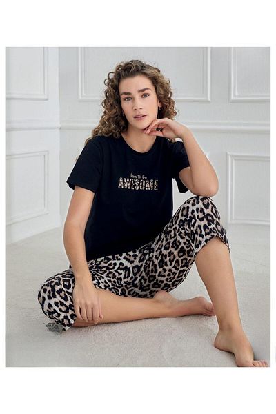 Mihra Set de pijamale cu mânecă scurtă Capri din lycra pieptănat compact pentru femei 90753s - 1 bucată