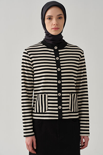 Tuğba Önü Düğmeli Çizgili Hırka - Siyah