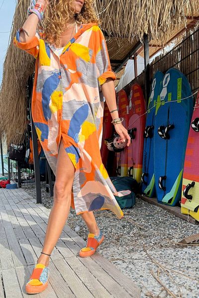 Güneşkızı Italian Orange-Yellow-Navy Blue Hooded Long Sleeve Slit Button Loose Woven Shirt Dress 130 66