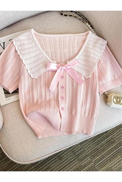 Foxstep Krem Triko Örme Bebe Yaka Ajurlu Fiyonk/kurdele Detaylı Kadın T-shirt