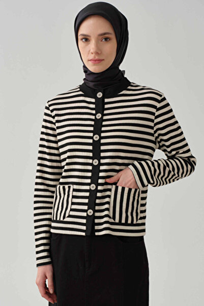 Tuğba Önü Düğmeli Çizgili Hırka - Siyah