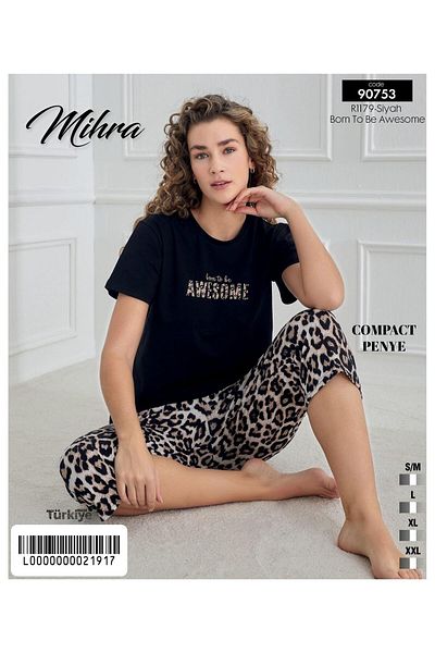 Mihra Set de pijamale cu mânecă scurtă Capri din lycra pieptănat compact pentru femei 90753s - 1 bucată