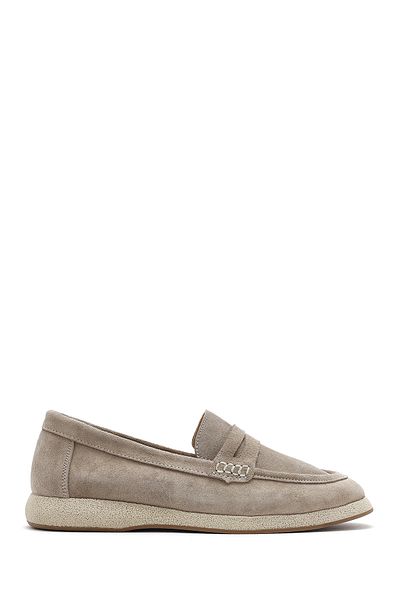 Derimod Women's Beige Suede Leather Loafer 25Sfd 131810