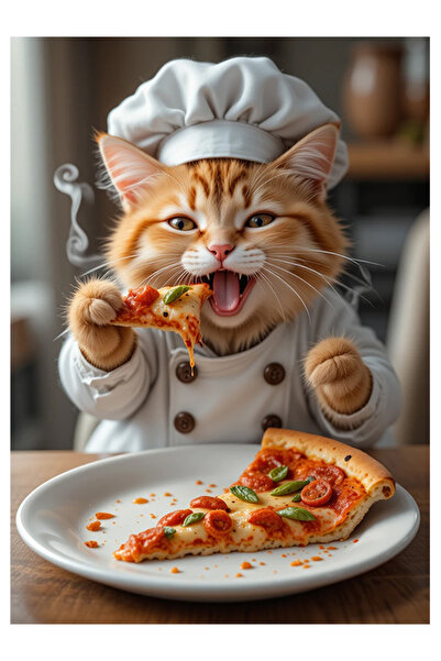 Bedeko Pizza Yiyen Sevimli Aşçı Kedi Mdf Tablo