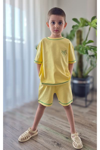 BALKABAĞI Green Palm Bed Yellow Unisex T-Shirt and Shorts Set Summer Comfortable 100% Cotton Mtye0069
