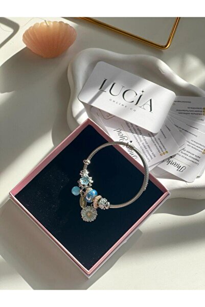 SHINELUC سوار فولاذي فضي اللون مع سحر ديزي أزرق