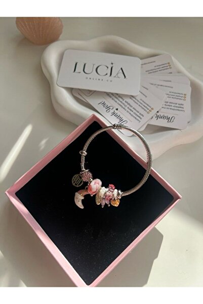 SHINELUC سوار فضي اللون من الفولاذ مع سحر الجد القمر الوردي