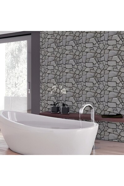 Stef's Cat Set 10 x 3D Self-Adhesive Wallpaper Tiles with Stone Imitation, Waterproof, 30x30 cm, Gray