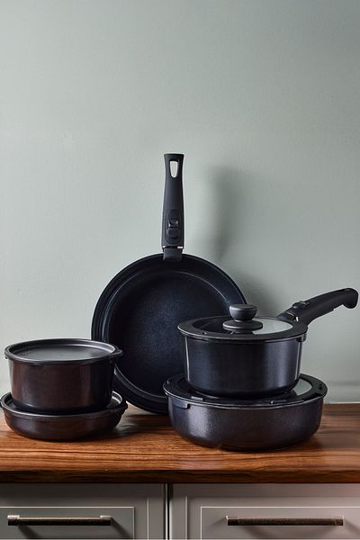 Perotti Beta Black 15-Piece Induction Ceramic Coating Cookware Pans Set with Clip Removable Handles