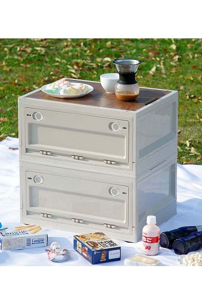 COOYA Collapsible Storage Box, With Wooden Lid, High Quality Plastic, For Camping, Car Storage