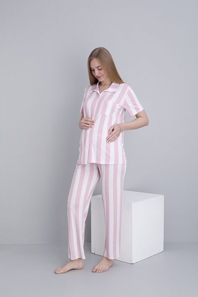 Miss Dünya Lissa Front Buttoned Striped Short Sleeve Adjustable Waist Elastic Maternity and Postpartum Pajama Set