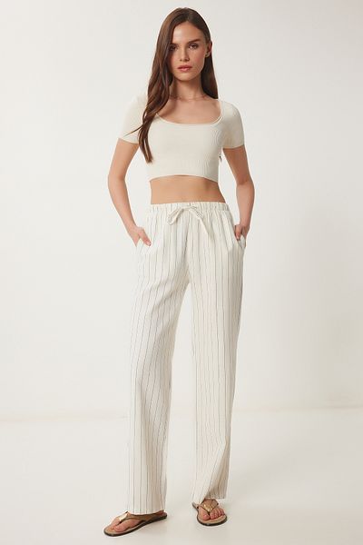 Lovelyİstanbul Wide Leg Striped Linen Trousers Cream Lcr0058