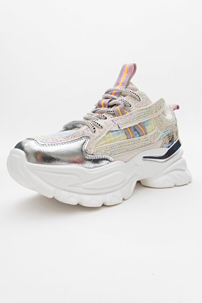LuviShoes NOİ Beyaz Gümüş Taşlı Kadın Spor Ayakkabı