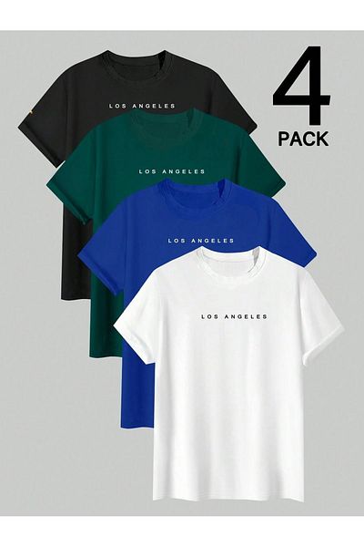 VBSVİBES Minimal Losangeles Printed Tshirt 4 Piece Black White Saks Blue Nefti - Oversize T-Shirt Unisex