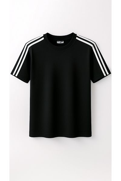Mythologie Μπλουζάκι Basic Stripe Detailed - Μαύρο Oversize Crew λαιμόκοψη κοντό μανίκι