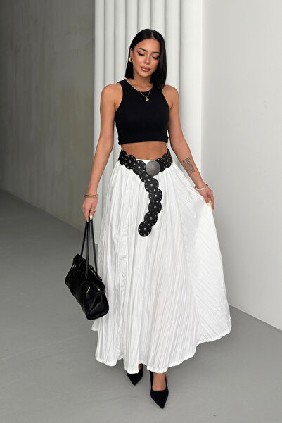 Bipantolon Women's White Crush Effect Long Flared Skirt