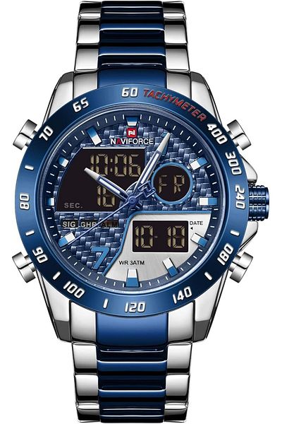 Generic Naviforce Dual Color Analog Digital Stainless Steel Strap Watch For Men 9171 Silver Blue