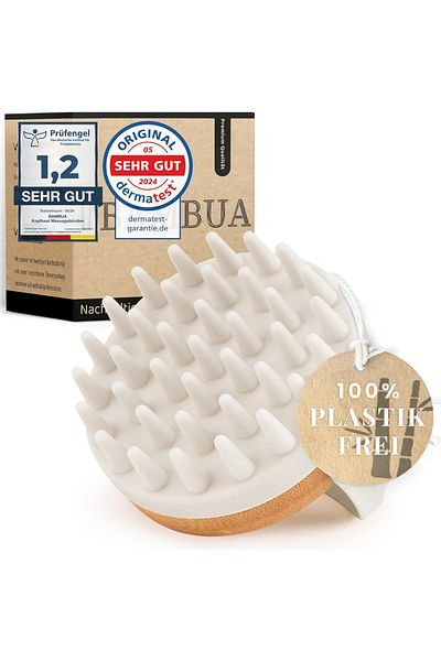 Bambua Perie pentru masajul scalpului Bambua, silicon/bambus, alb/natur, 8,5 x 7,8 x 8 cm