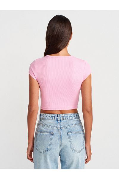 Dilvin 31719 Snap Fastener Short Sleeve Top-Light Pink