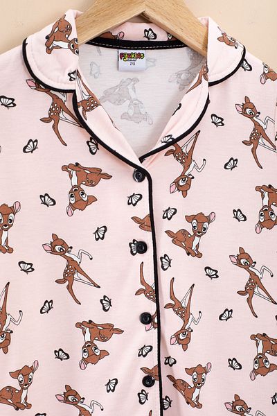 Cansın Mini Pink Deer Patterned Short Sleeve Girl's Eye Patched Pajama Set 20568