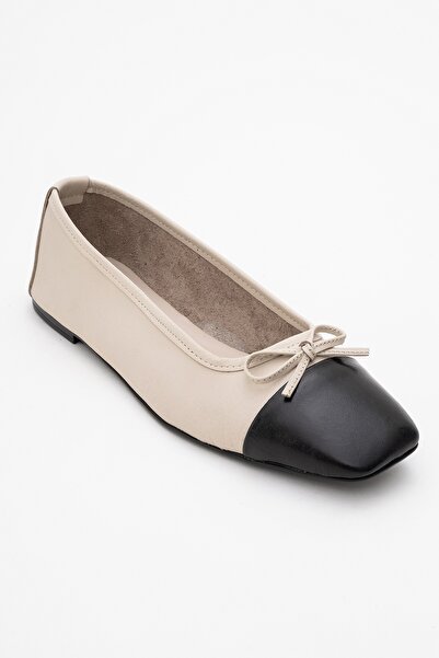 LuviShoes Romy Ecru-Black Skin Genuine Leather Blunt Toe Bow Women's Ballerina Shoes