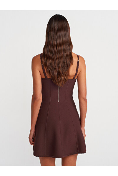 Dilvin 90248 Flounced Functional Strap Zippered Knitwear Dress-Brown